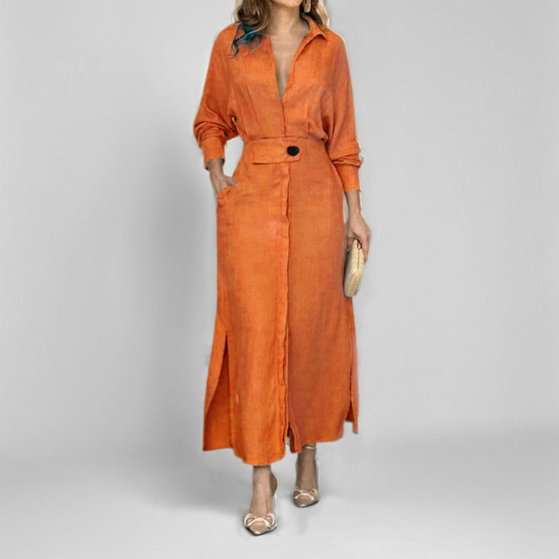 Women Collared Waist‑Tab Shirt Maxi Dress