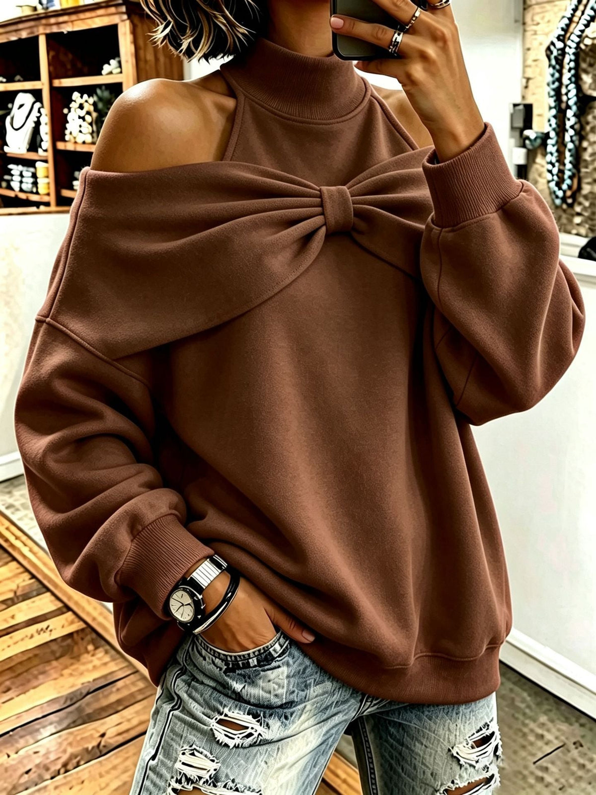 Chic Oversized Mock Neck Sweatshirt With Bow Detail