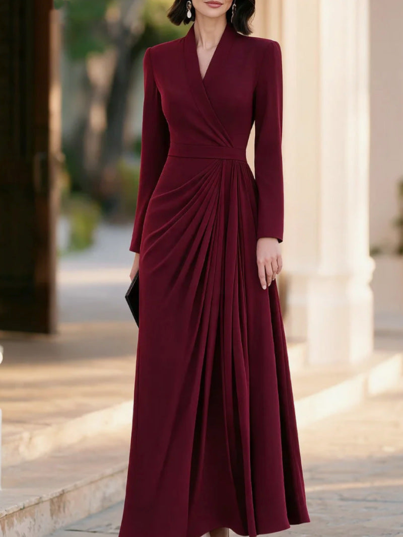 Women's V Neck Long Sleeve Wrap Pleated Maxi Formal Dress
