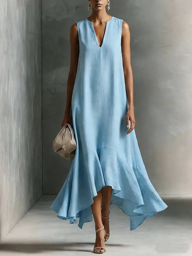 Sleeveless V-Neck Linen Midi Dress with Ruffled Hem