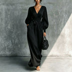Women'S Pleated Surplice V‑Neck Balloon Sleeve Maxi Dress