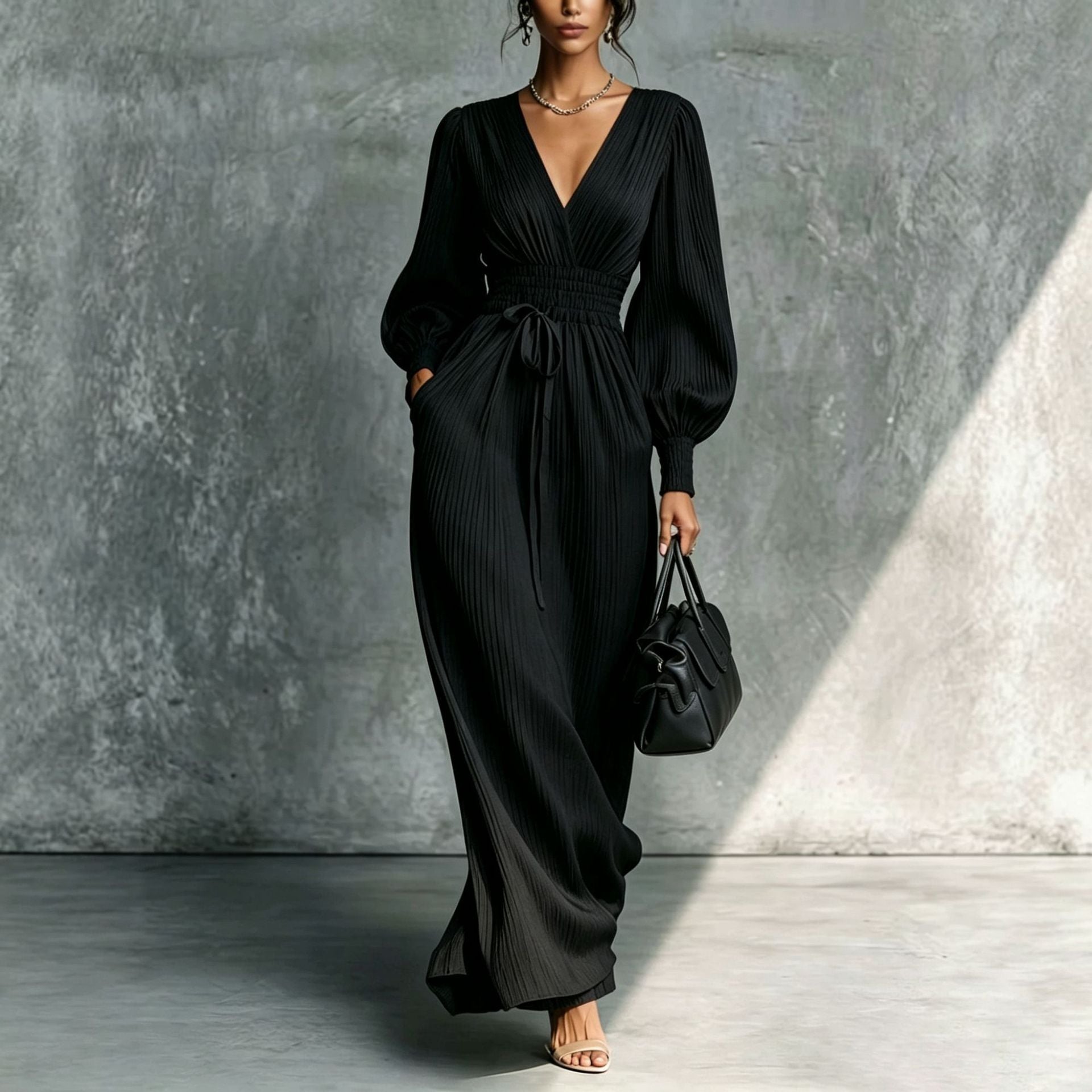 Women'S Pleated Surplice V‑Neck Balloon Sleeve Maxi Dress