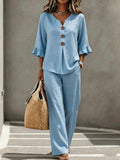 Light Blue V Neck Ruffle Sleeve Linen Two-Piece Wide Leg Pants Set