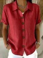 Women's Turn-Down Collar Short Sleeve Linen Shirt
