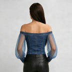 Off-Shoulder Denim Mesh Sleeve Top