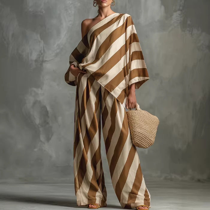 Striped Asymmetric Top & Wide-Leg Pants Set