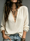 Women's Solid Waffle Knit Notch V Neck Long Sleeve Loose Casual Blouse Top