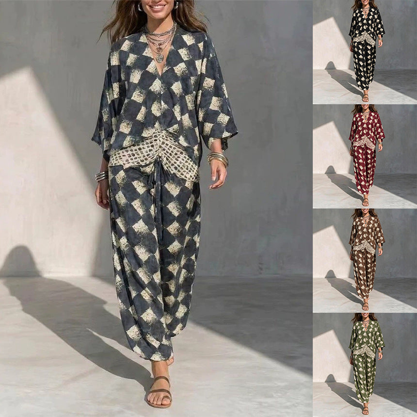 Geometric Print V‑Neck Kimono Sleeve Top & Wide‑Leg Pants Two‑Piece Set