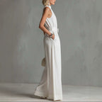 Women's White Linen-Blend Halter Wide-Leg Jumpsuit with Belt