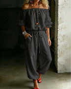 Sage Linen Off Shoulder Drawstring Waist Jogger Jumpsuit