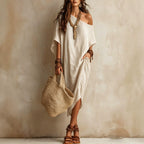 Slanted Shoulder Cotton And Linen Dress Women'S Loose Bat Sleeves Mid-Length Slit Holiday Dress