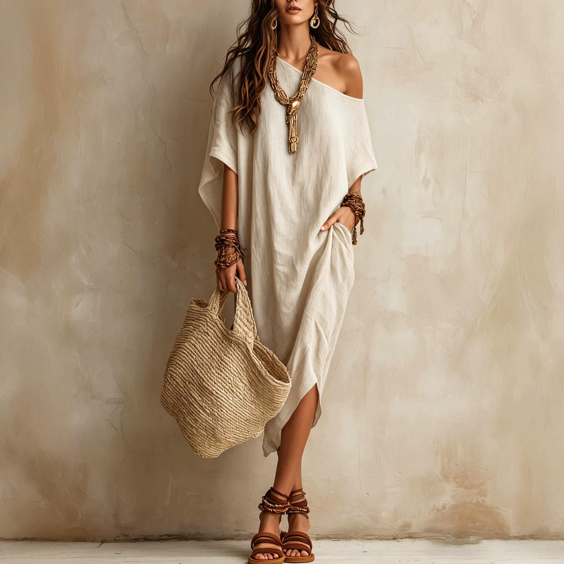 Slanted Shoulder Cotton And Linen Dress Women'S Loose Bat Sleeves Mid-Length Slit Holiday Dress