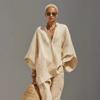 Women's Neutral Linen Set With Asymmetric Hem & Minimalist Design, Sophisticated Daily-Casual Style Set