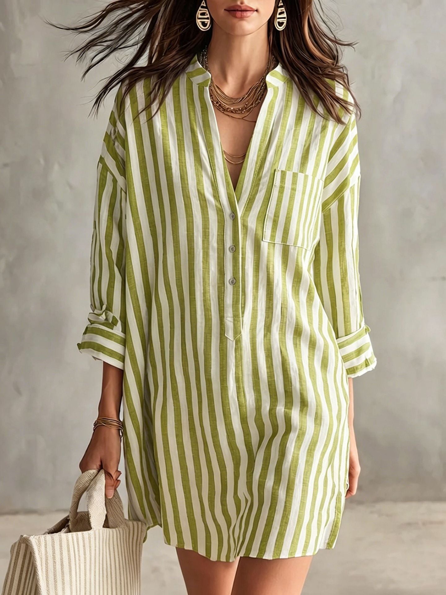 V-Neck Vertical Stripe Roll Sleeve Mini Shirt Dress