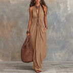 Halter V-Neck Linen-Blend Maxi Dress