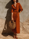 Linen‑Blend Belted Button‑Front Collared Midi Shirt Dress