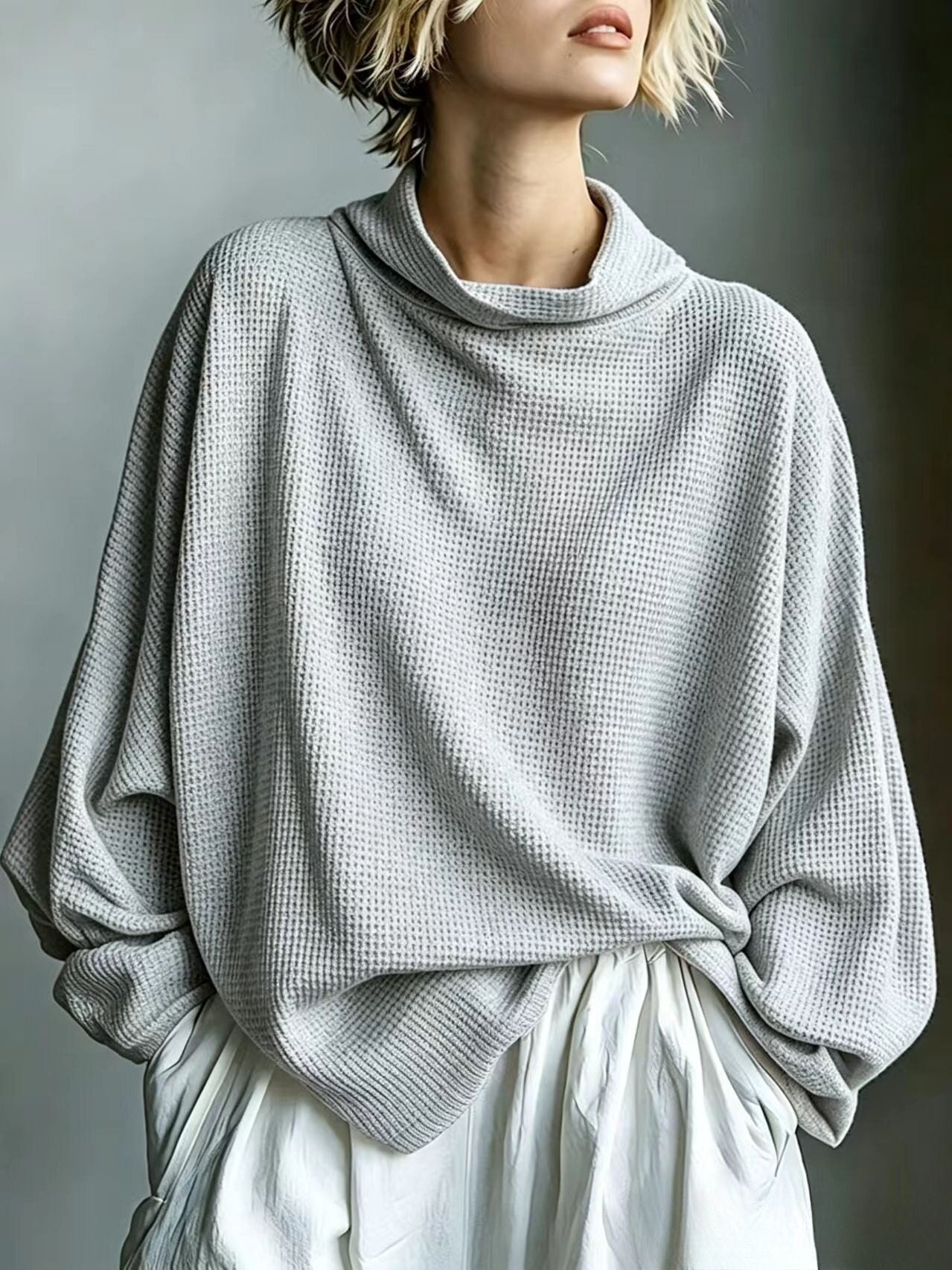 Waffle-Knit Oversized Cowl Neck Top