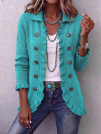 Lapel Ruffle Trim Double‑Breasted Long Sleeve Open Front Knit Cardigan Jacket