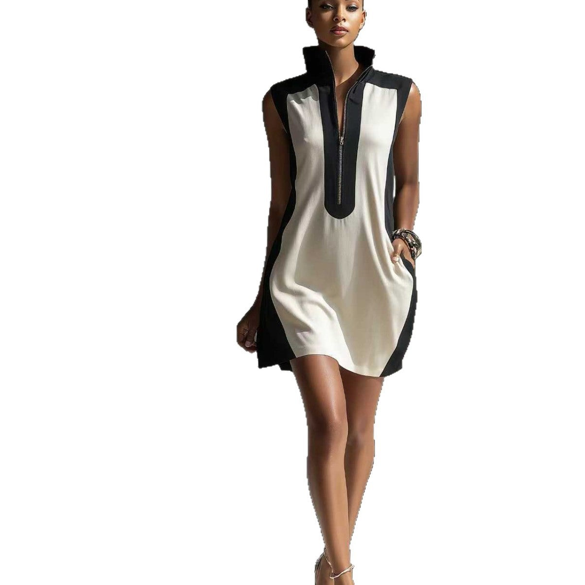 Women's Black & White Color-Block Mini Dress With Stand Collar