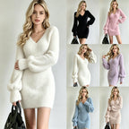 V-Neck Fuzzy Long Sleeve Bodycon Mini Knit Dress