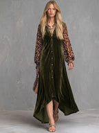 Velvet Button-Front Maxi Dress with Sheer Leopard Print Sleeves
