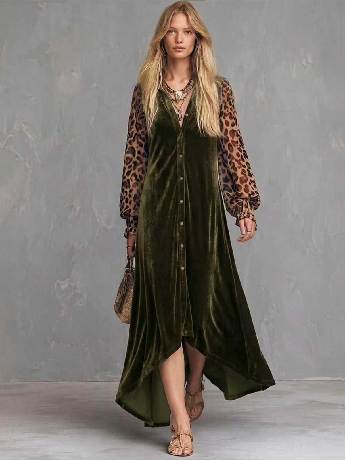 Velvet Button-Front Maxi Dress with Sheer Leopard Print Sleeves