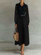 Sheer Sleeve Belted Maxi Shirt Dress