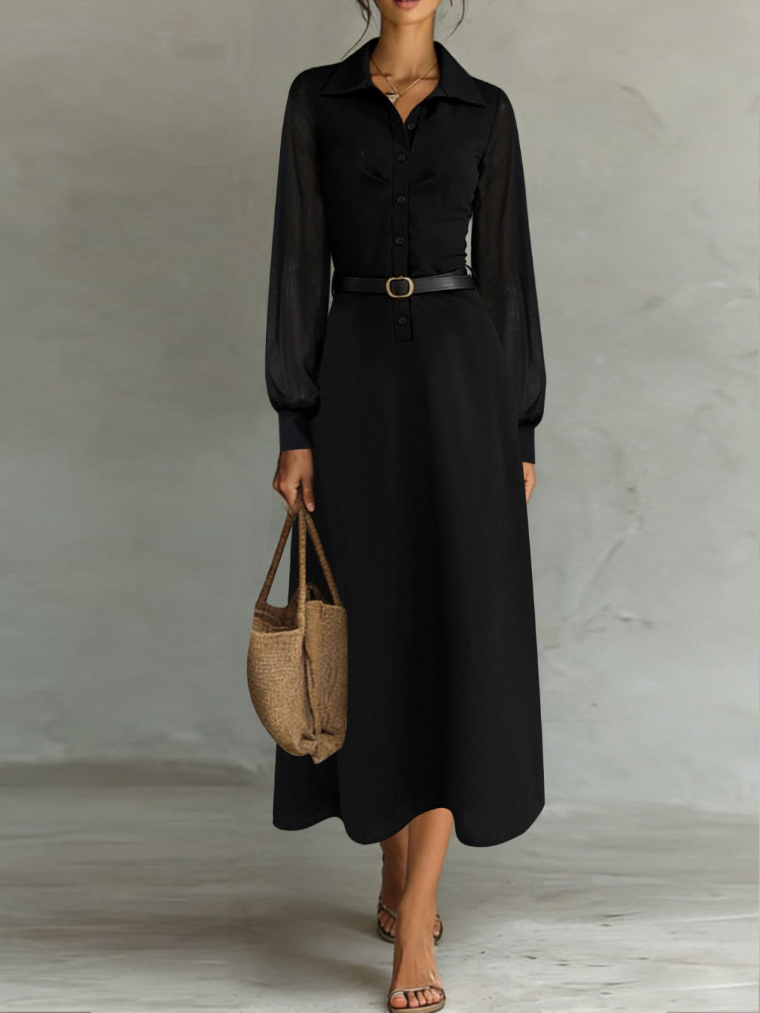 Sheer Sleeve Belted Maxi Shirt Dress