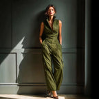 Sleeveless Collar Shirt Cargo Wide Leg Jumpsuit