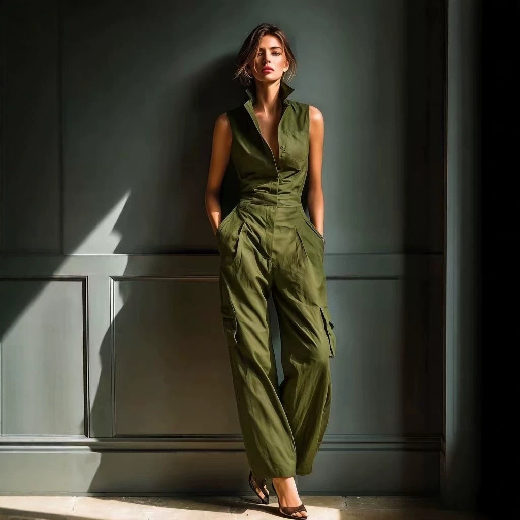 Sleeveless Collar Shirt Cargo Wide Leg Jumpsuit