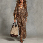 Women's Leopard Print Knot-Front Maxi Kaftan Dress - Flowy V-Neck Chiffon Cover-Up