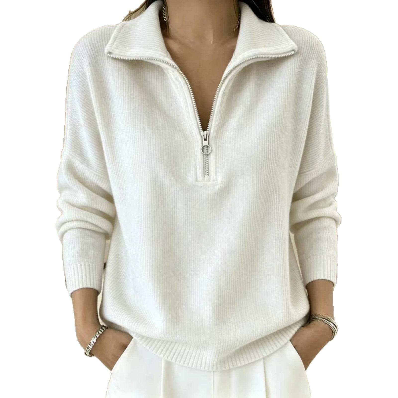 Half-Zip Ribbed Knit Collared Sweater