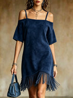 Off Shoulder Spaghetti Strap Suede Fringe Mini Dress