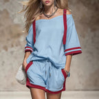 Retro Color-blocked Off-shoulder Short-sleeved T-shirt And Shorts Set