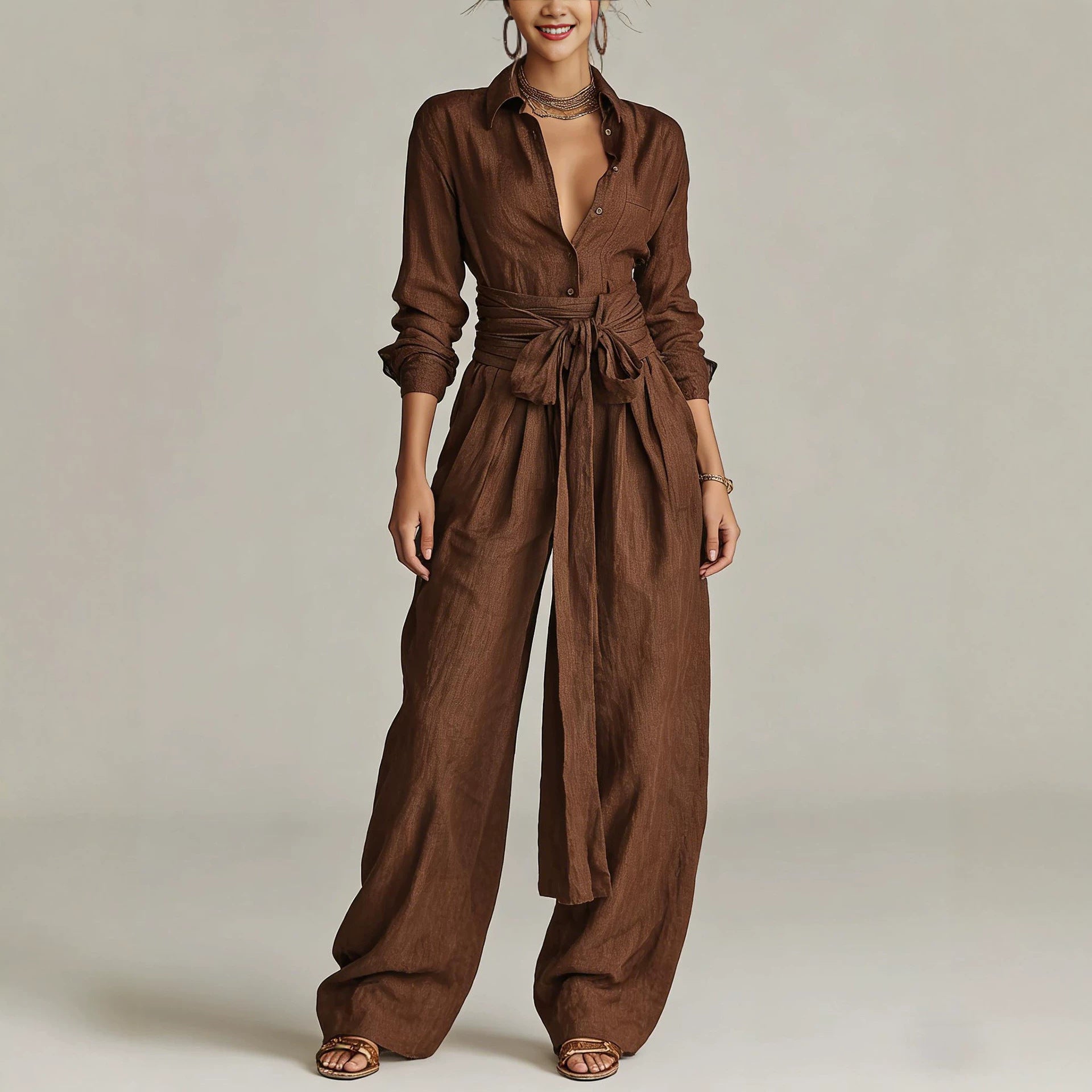 Women'S Shirt‑Style Self‑Tie Belt Wide‑Leg Jumpsuit