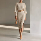 Boat Neck Balloon Long Sleeve Knit Midi Dress With Belt