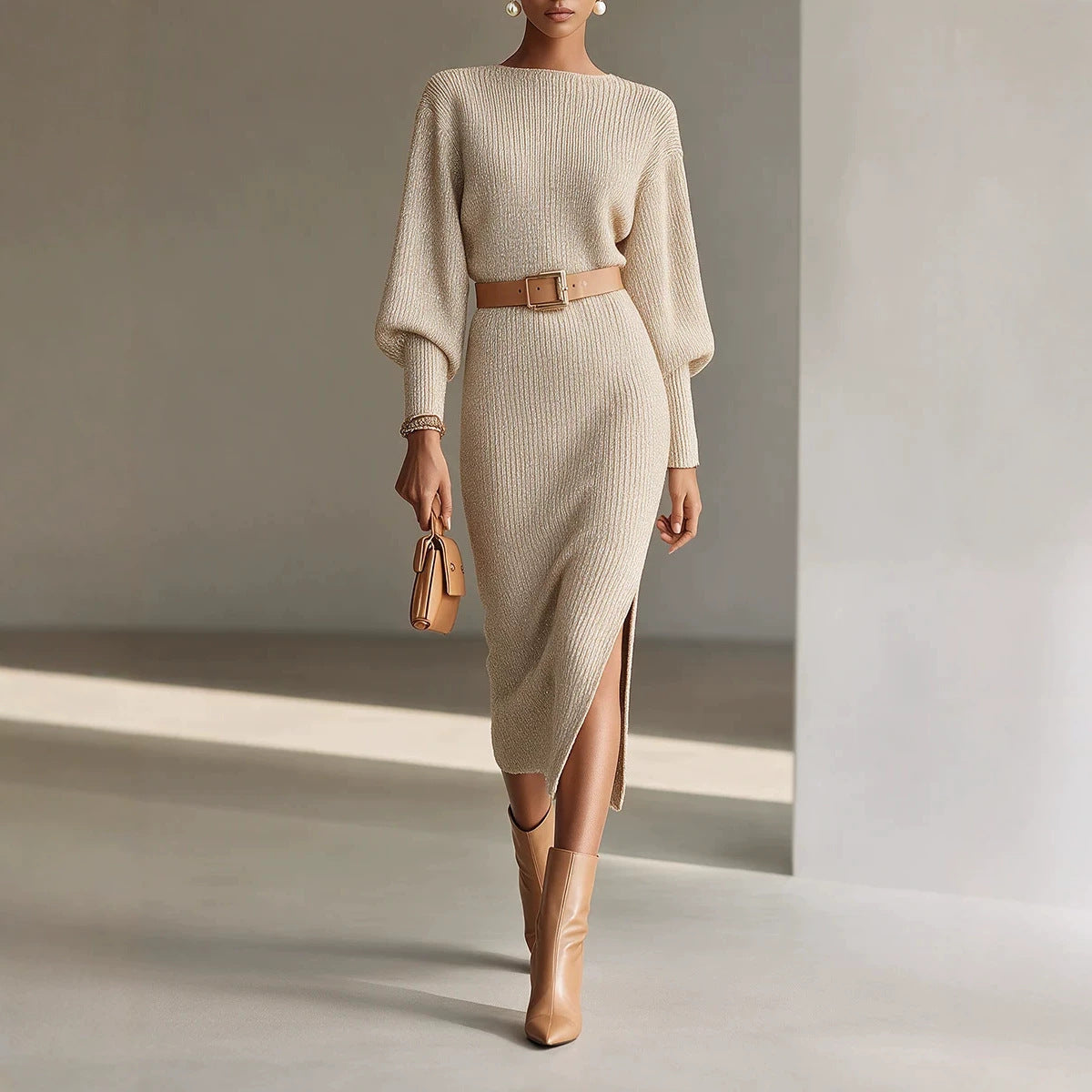 Boat Neck Balloon Long Sleeve Knit Midi Dress With Belt