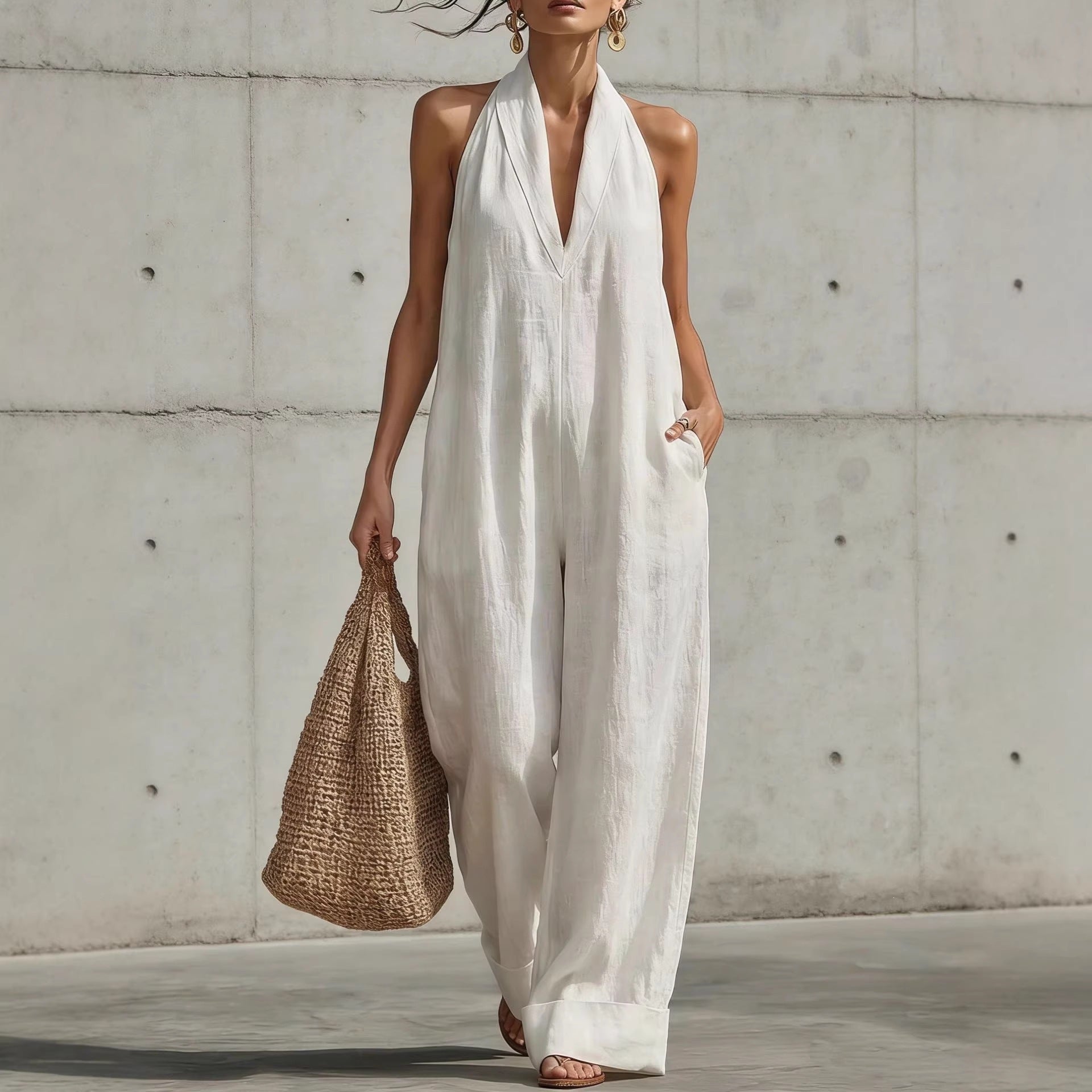 Linen Halter Deep V Wide Leg Cuffed Jumpsuit