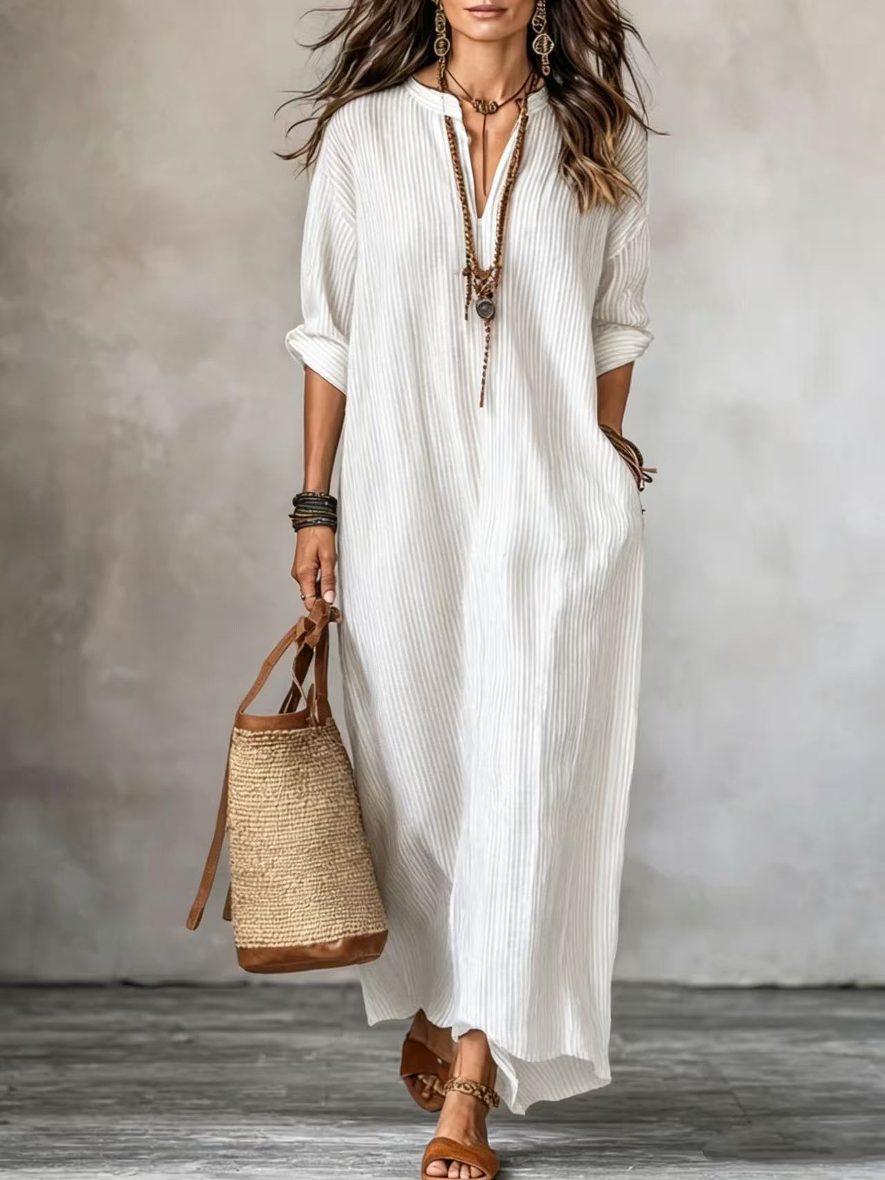 Textured Crinkled V Neck Half Sleeve Loose Maxi Dress