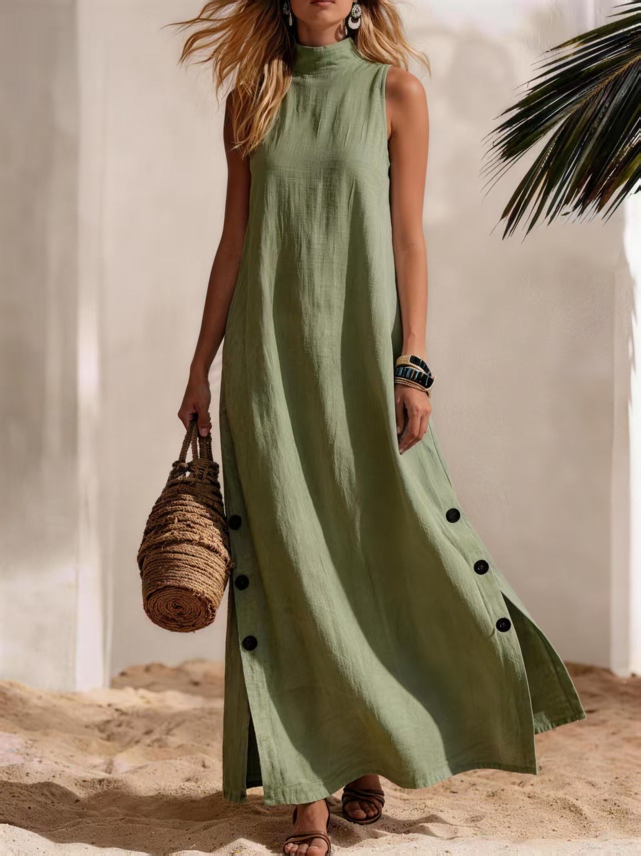 Casual Solid Color Cotton And Linen Sleeveless Side Slit Maxi Dress