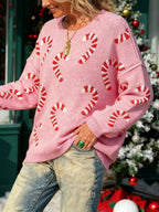 Women's Plus Size Crew Neck Candy Cane Print Long Sleeve Christmas Knit Sweater