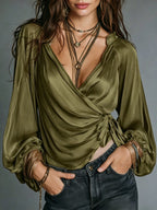 V-Neck Balloon Sleeve Tie Waist Elegant Top