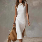 Stand-collar Split-hem Cotton And Linen Midi Dress