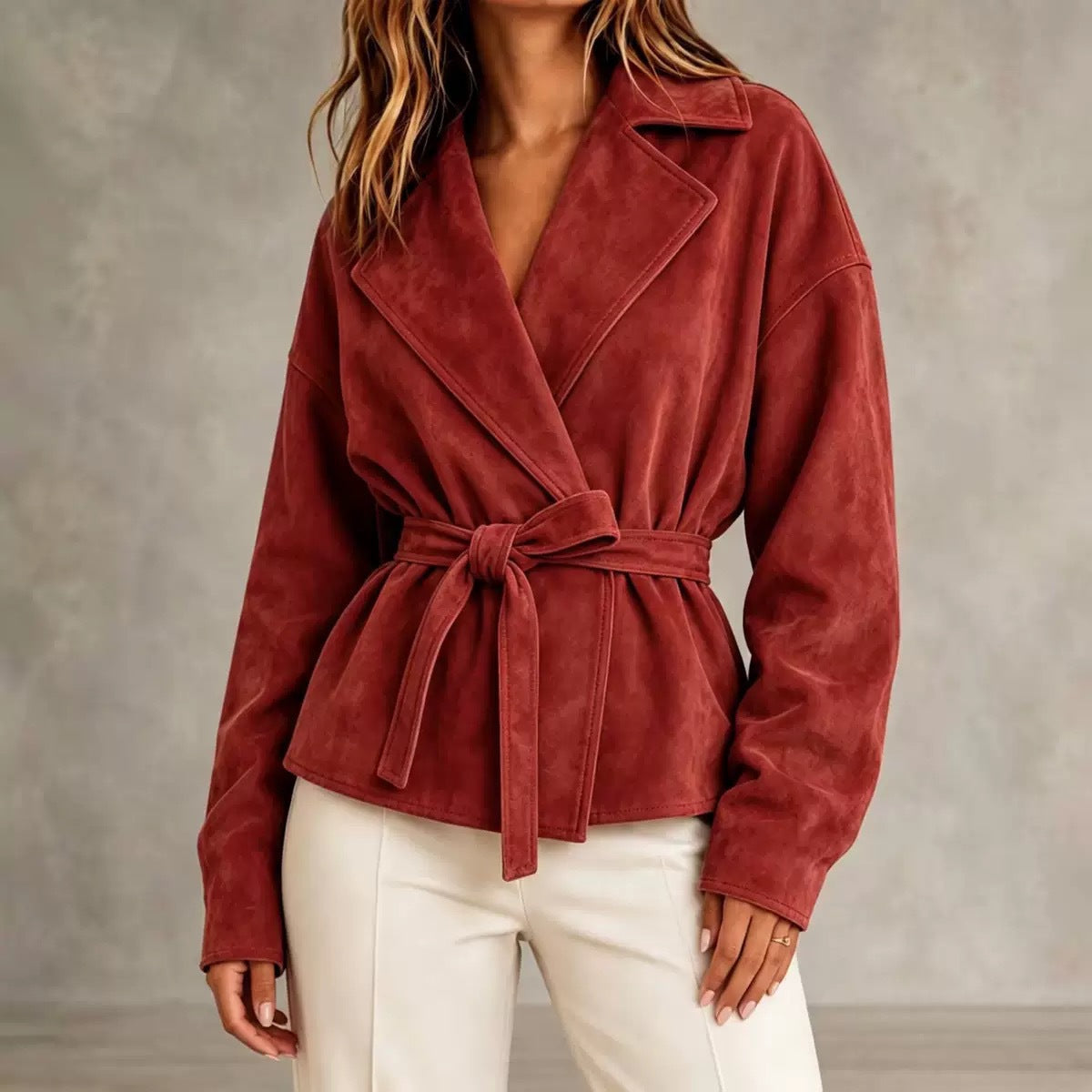 Women's Faux Suede Wrap Jacket with Self-Tie Belt