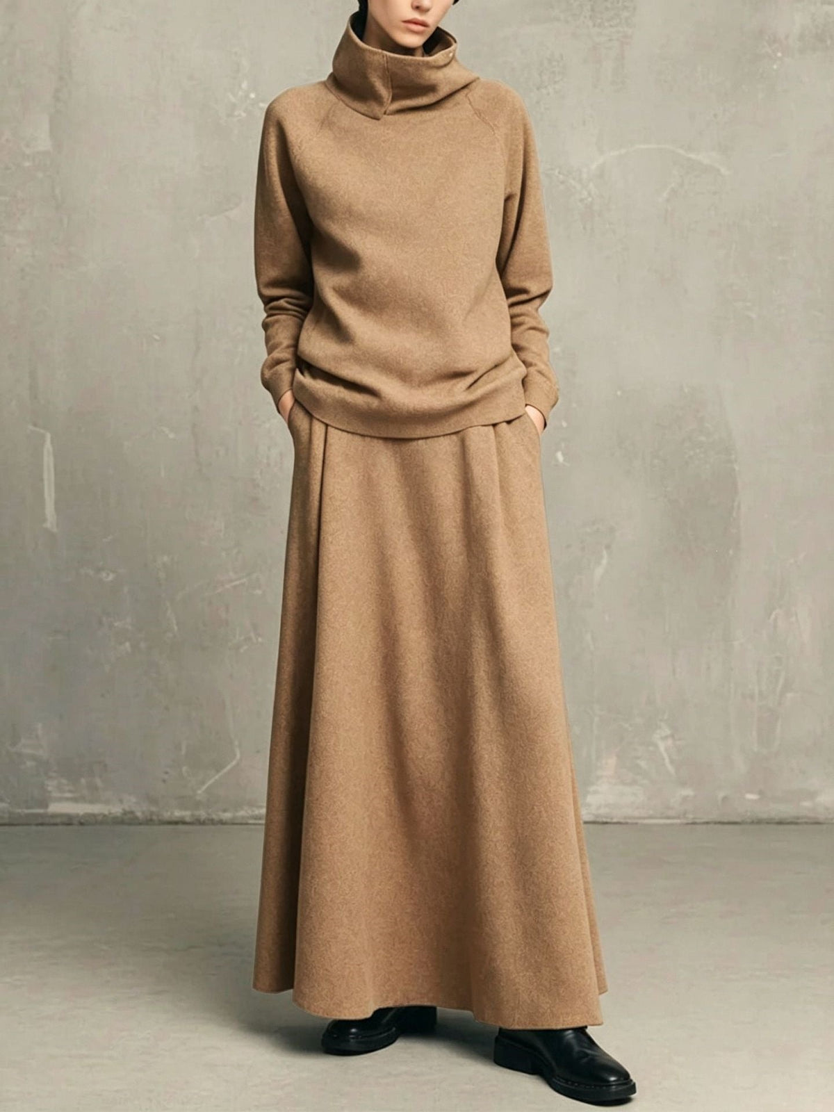 Elegant Neutral Knit Co-ord Set Funnel Neck Sweater Pleated Long Skirt