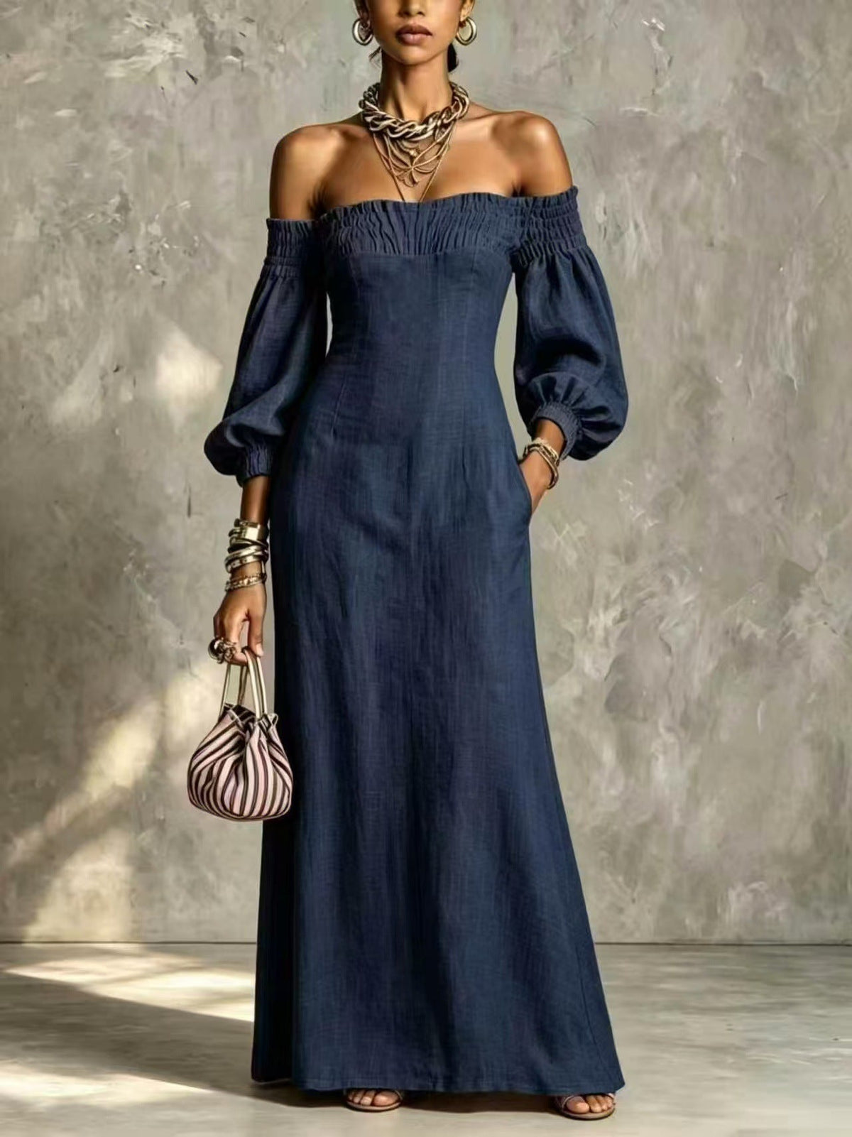 Off‑The‑Shoulder Puff‑Sleeve Linen‑Blend Maxi Dress