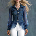 Denim Sheer Organza Puff Sleeve Peplum Fitted Shirt Blouse