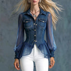 Denim Sheer Organza Puff Sleeve Peplum Fitted Shirt Blouse