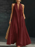 Elegant Black Halter Neck Maxi Dress – Casual Loose Cotton Linen Sundress with Pockets