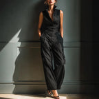 Sleeveless Collar Shirt Cargo Wide Leg Jumpsuit
